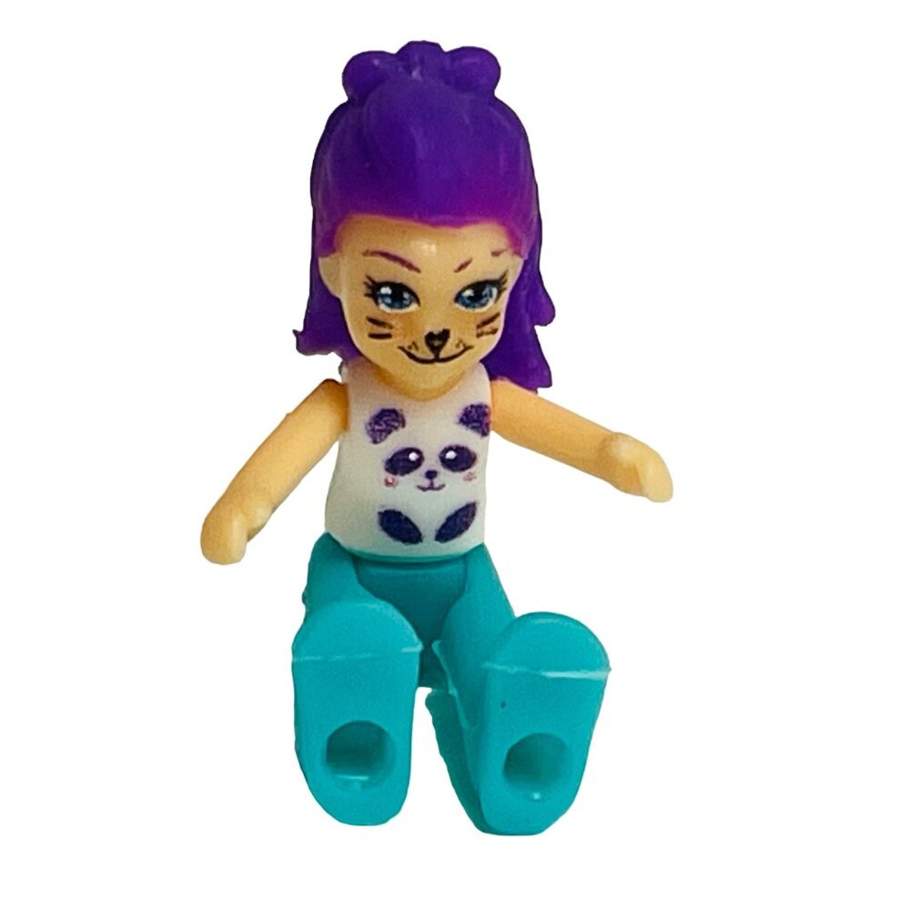 Polly Pocket Panda Girl Figure Mini Doll with Purple Hair & Teal Pants